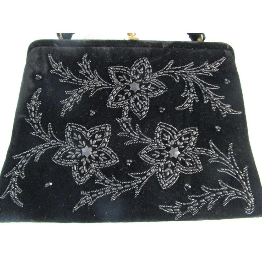 Vintage Soure Bag Beaded Velvet Framed Handbag. Jet Black Beads in a floral patt - Picture 2 of 16